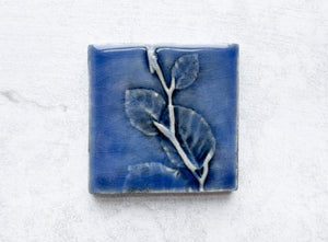Blue Tile with Tree Leaf Pressing - Handmade Tile in Canada